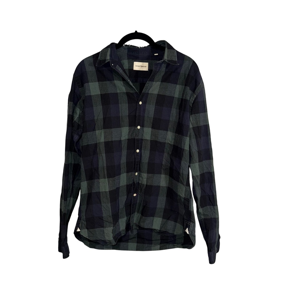 Oliver Spencer Navy Green Plaid Long Sleeve Button‎ Up Shirt Men Size 16
